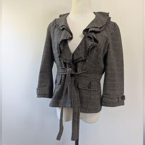 Loft Brown Plaid Ruffle Collar Fitted Blazer Waist Tie‎ Y2K Office Siren Twee